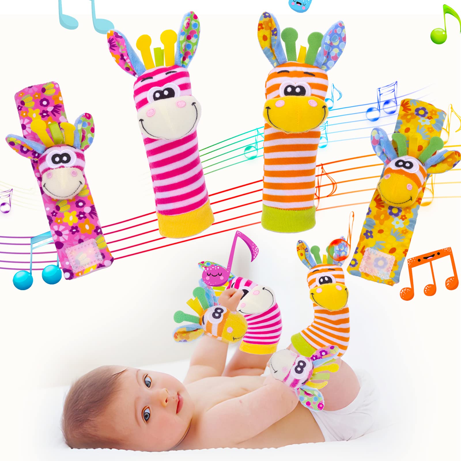 PADONISE Wrist Rattles Baby Socks Baby Toys Set Soft Sensory Toys for Babies Cartoon Animal Rattles Sock Early Development Toy B