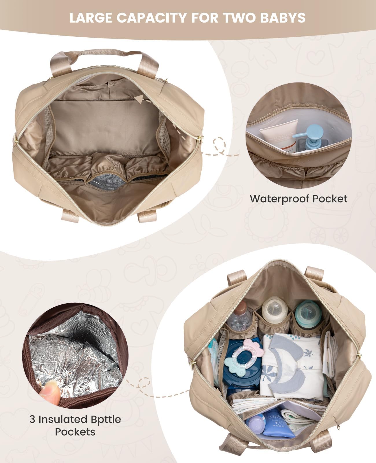 Lovevook Diaper Bag Tote, Large Baby Tote Bag, Travel Diaper Tote For Mom And Dad With Changing Pad And First Aid Bag, Khaki