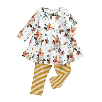 Aimaopao Toddler Baby Girls Floral Clothes Set Tunic Shirt Pants Princess Outfit Fall Winter Clothing (Yellow Floral, 2-3T)