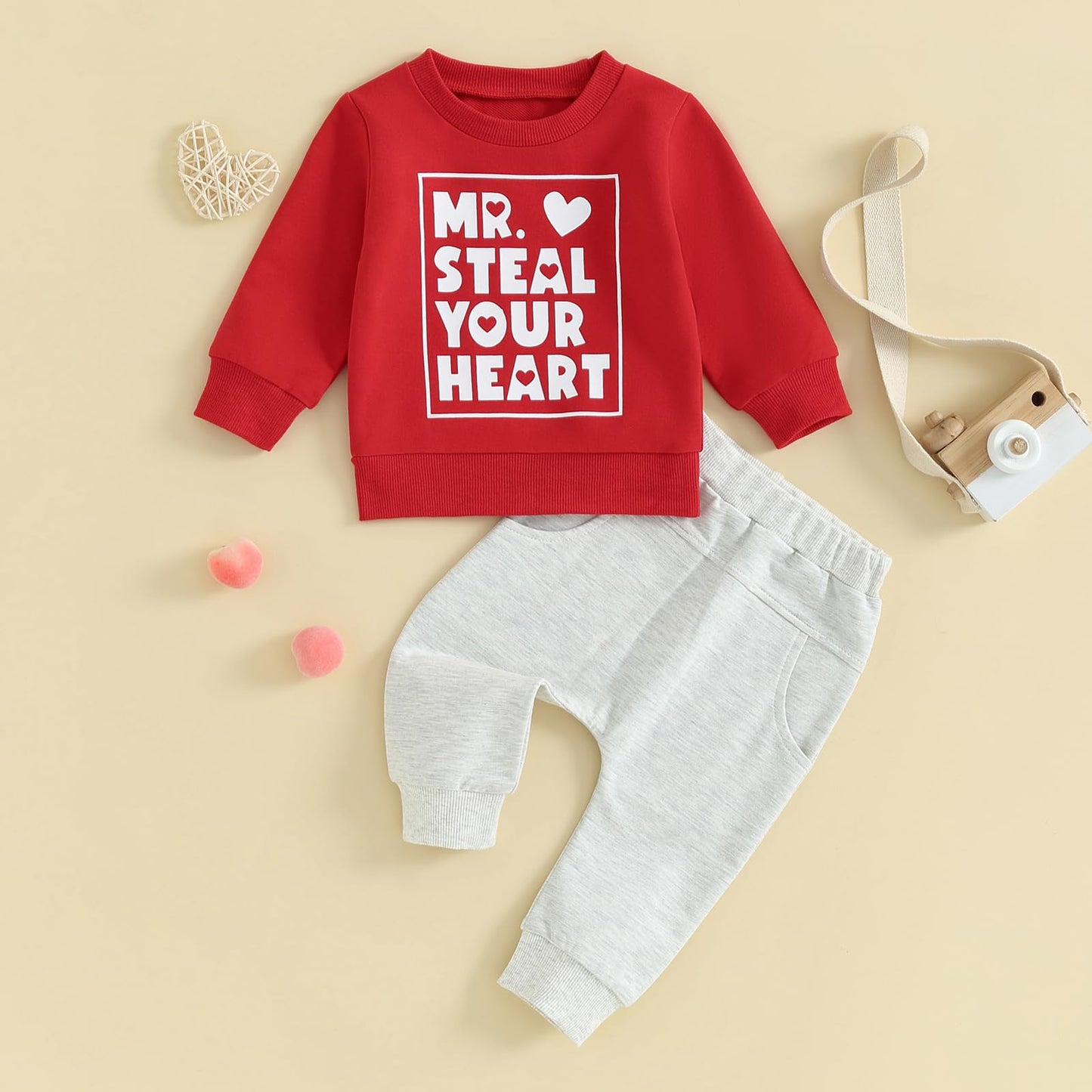 Toddler Baby Boy Valentines Day Outfit Long Sleeve Letter Print Sweatshirt Tops Pants Set 2Pcs Infant Spring Clothes (A-A Red, 2
