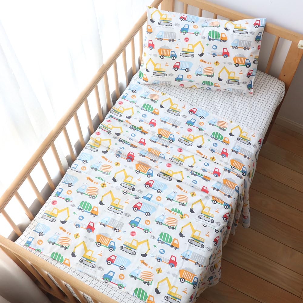 Emenpy 3 Pcs 100% Cotton Toddler Sheet Pillowcase Set for Boys and Girls,Include Fitted Sheet,Top Sheet and Envelope Pillowcase,