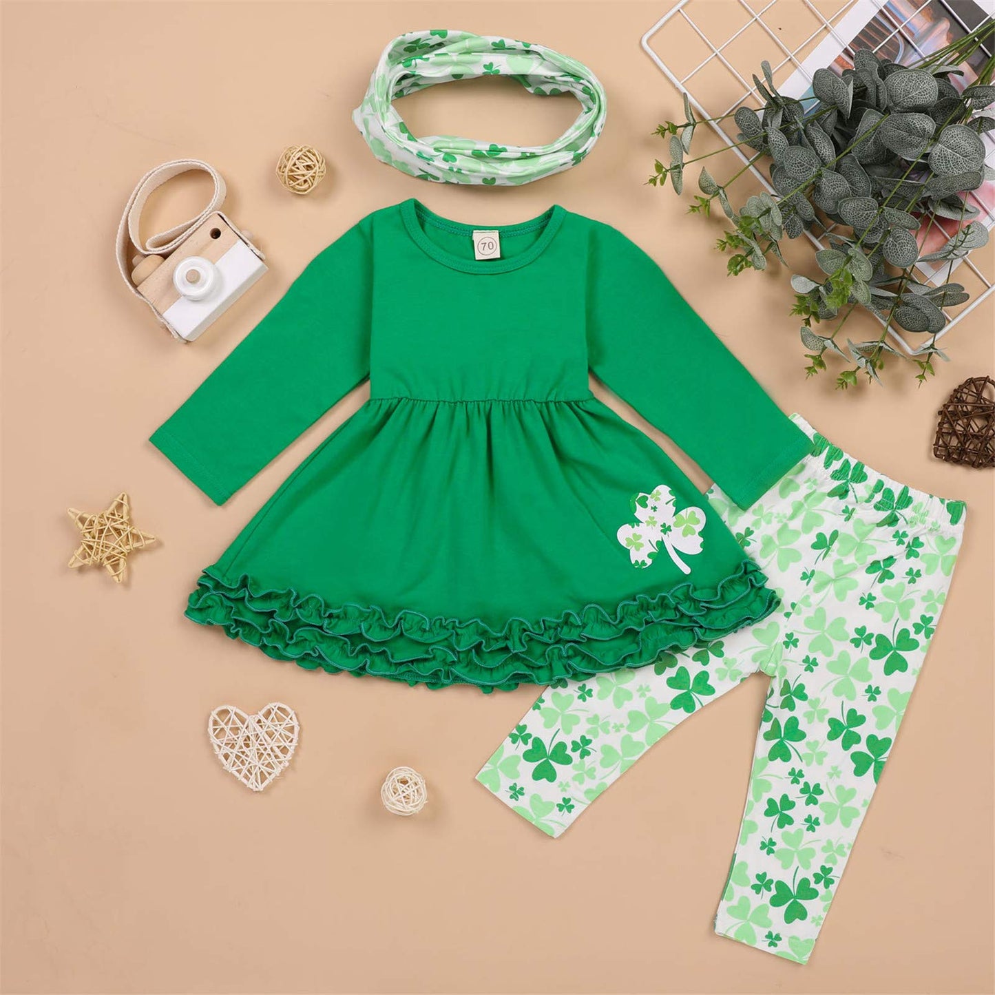 Toddler Baby Girls St. Patricks Day Outfits Ruffle Long Sleeve Top Dress +Shamrock Print Pants+Scarf 3Pcs Clothes (Green,6-12 Mo