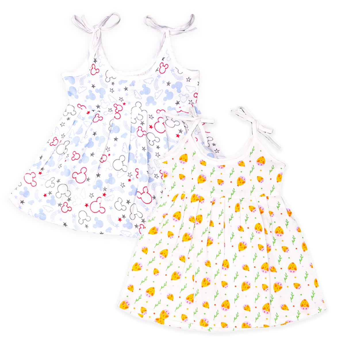 Kidbea Extra Soft Muslin Fabric Baby Girls Frock | Mickey And Cute Chick Print With Size 912 Months | Pack Of 2