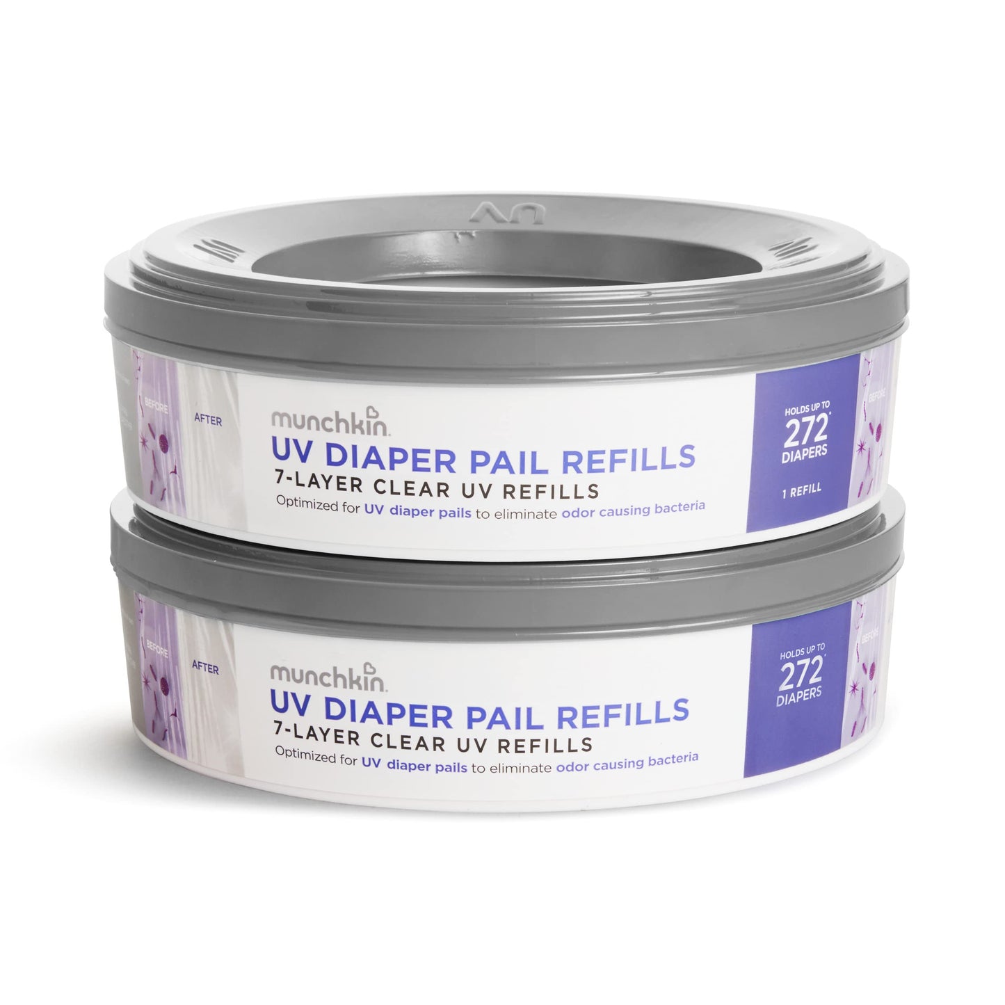 Munchkin UV Diaper Pail Refill Rings, Holds up to 544 Newborn Diapers, 2 Pack