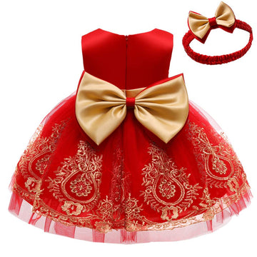 Baby Girls Embroidery Lace Dresses Toddler Ruffles Infant Easter Tutu Dress With Headwear (Red+Golden,70)