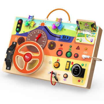 Busy Board Montessori Toys for Toddlers 1-3 with Steering Wheel, Lights & Switches, Wooden Driving Activity Board | Sensory Mont