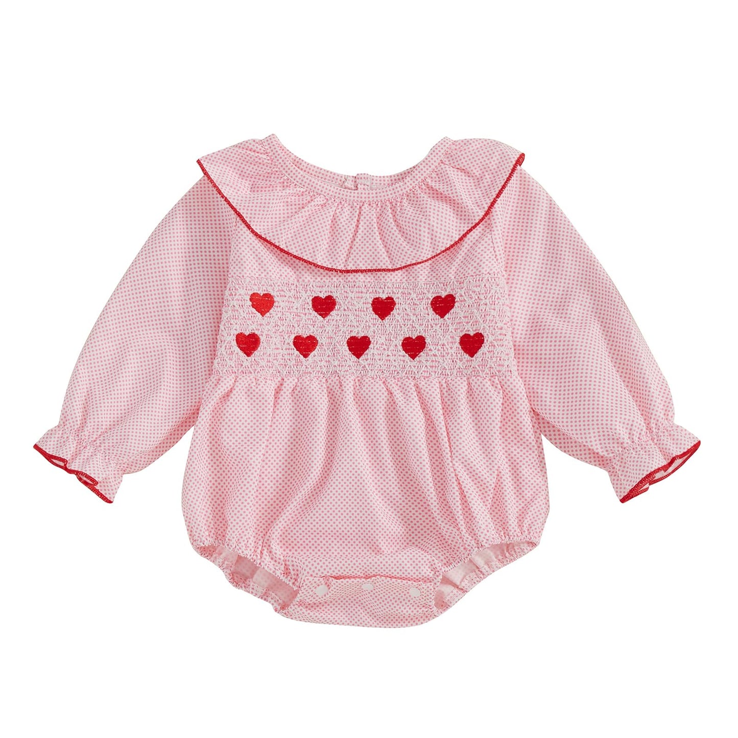 Mlpeerw My First Valentines Day Baby Girl Outfit Newborn Heart Smocked Bubble Romper Bodysuit Cute Valentines Day Clothes (Valen