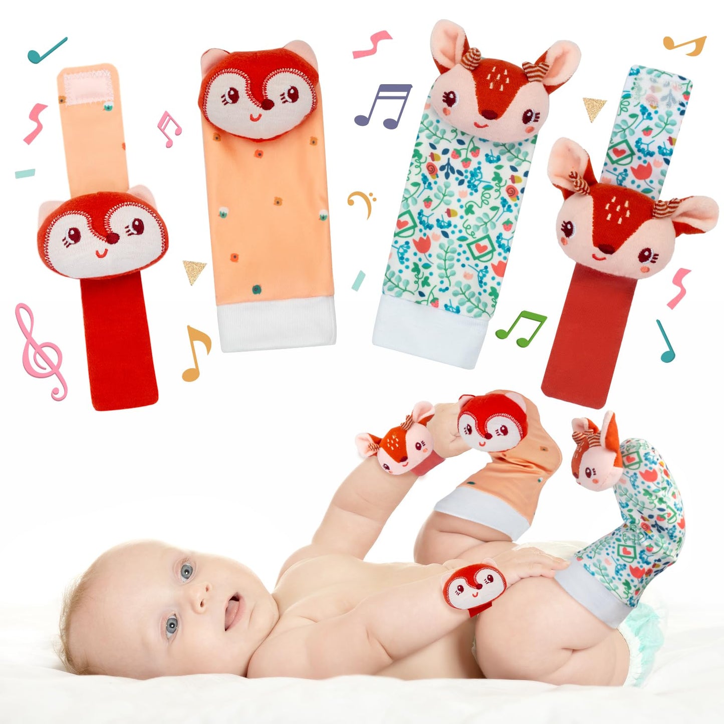 PADONISE Lovely Animal Wrist Rattles & Sock Toy for Baby Infant 0-6 6-12 Month Old Newborn Soft Toy Hand and Foot Finder Girl Bo