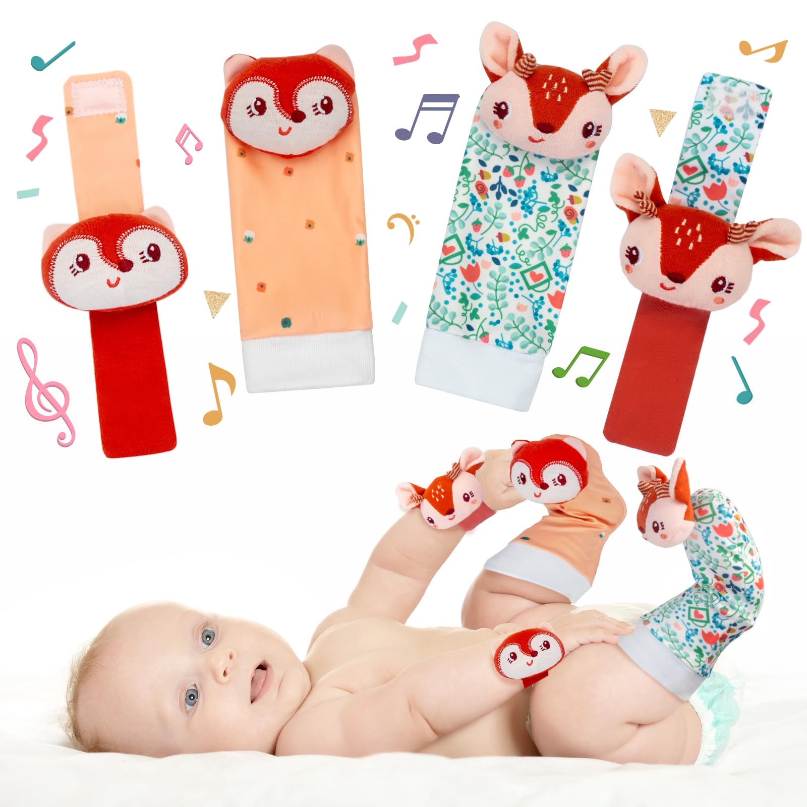 PADONISE Lovely Animal Wrist Rattles & Sock Toy for Baby Infant 0-6 6-12 Month Old Newborn Soft Toy Hand and Foot Finder Girl Bo