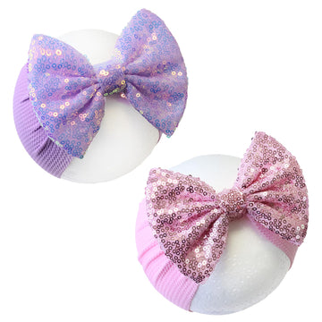 Helykaka Hairband, 7' Sequin Bow Baby Headbands - Purple & Pink, Elastic Wide Hairbands For Baby Girls Newborn And Infant Hair