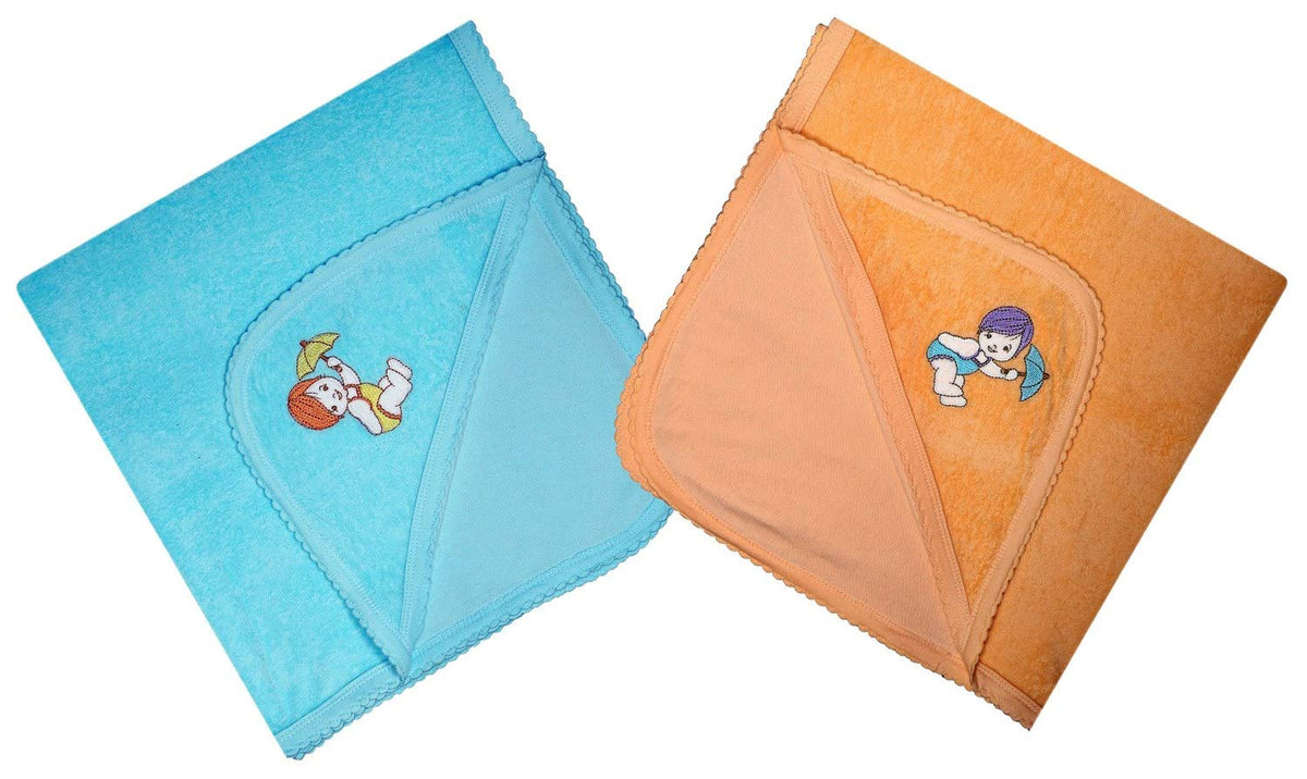 MITWA Enterprises Soft Cotton Baby Hooded Towels  Pack of 2 (Blue || Orange)