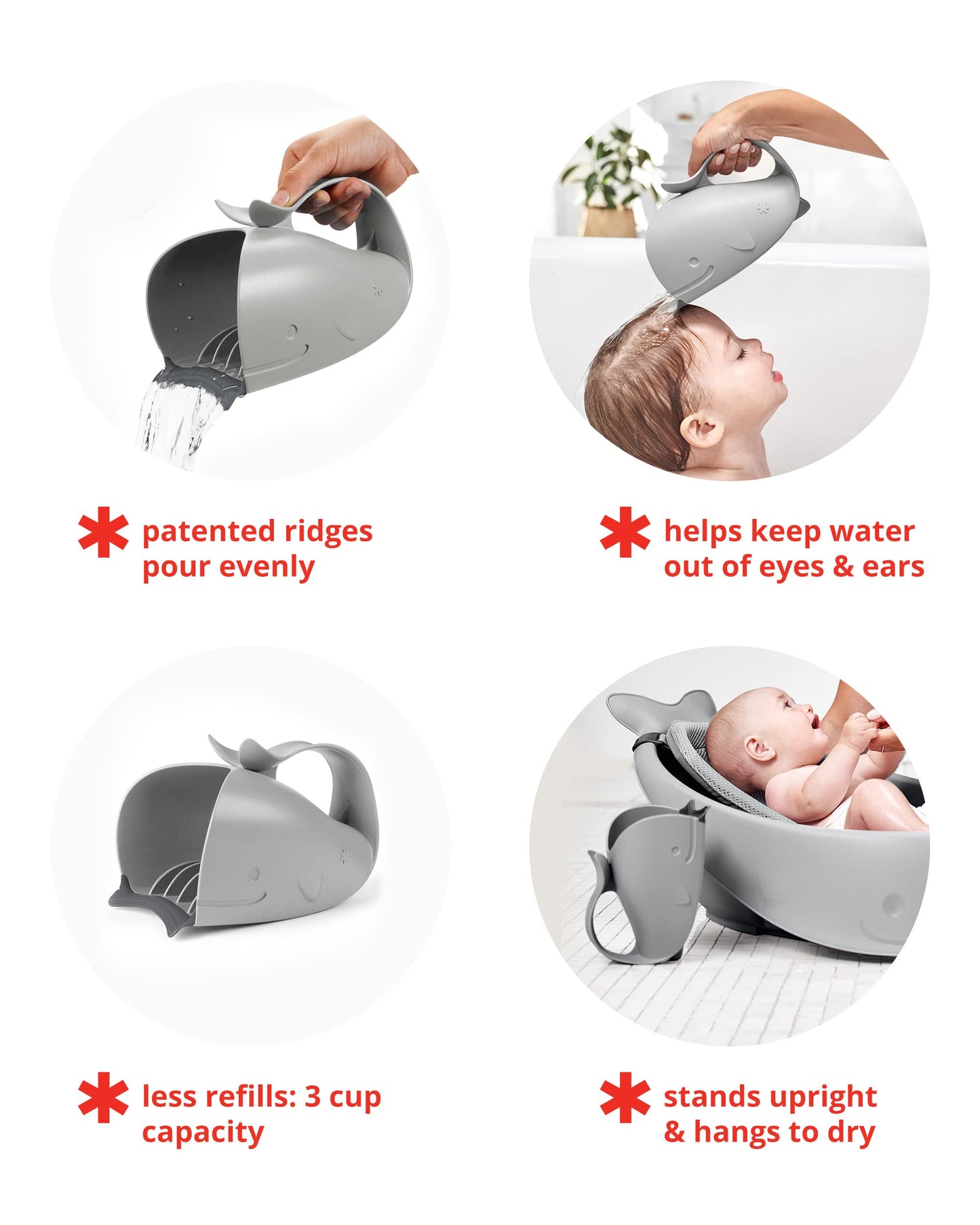 Skip Hop Baby Bath Rinse Cup, Moby Tear-Free Waterfall Rinser, Grey