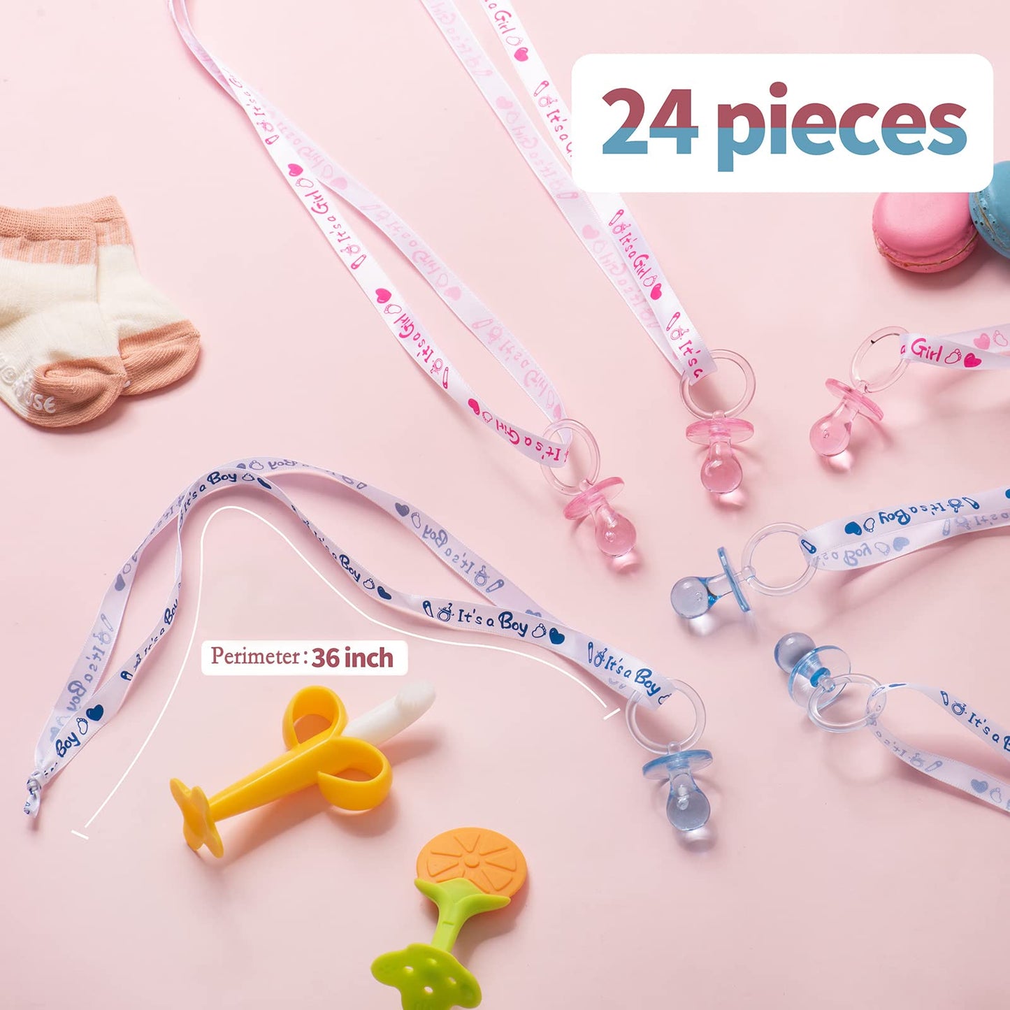 Zyflsq 24 Baby Shower Pacifiers Necklace, 30 Mini Acrylic Pacifiers Charm Gender Reveal Charm Party Favors Decorations (Pink And