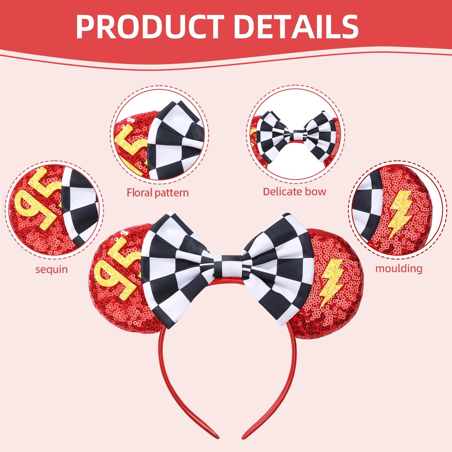 Razko Sequin Minnie Ears Headband, Glitter Red Lightning Mouse Ears With Bow, Park Princess Ears For Women, Girls, And Kids (Car