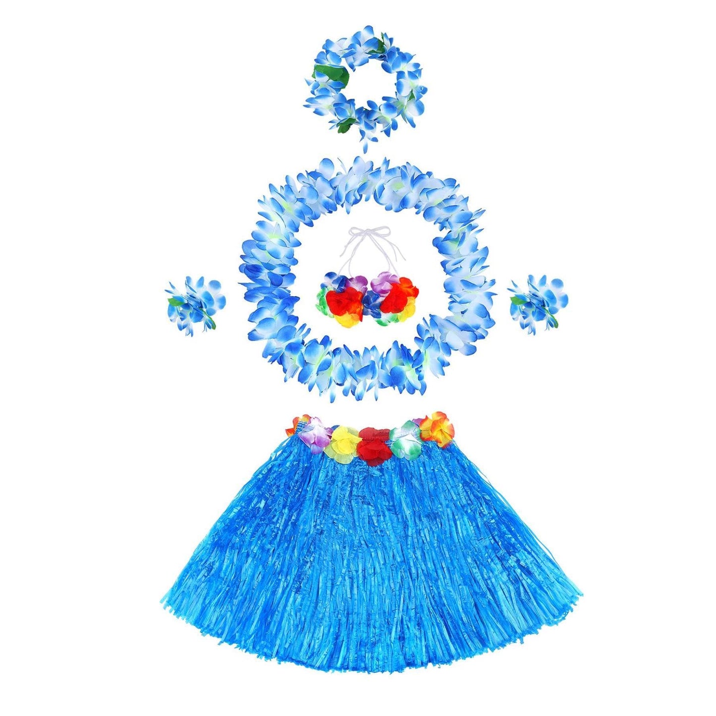 Fighting to Achieve 30cm Hawaiian blue Grass Skirt Performance Costume Set for Girls