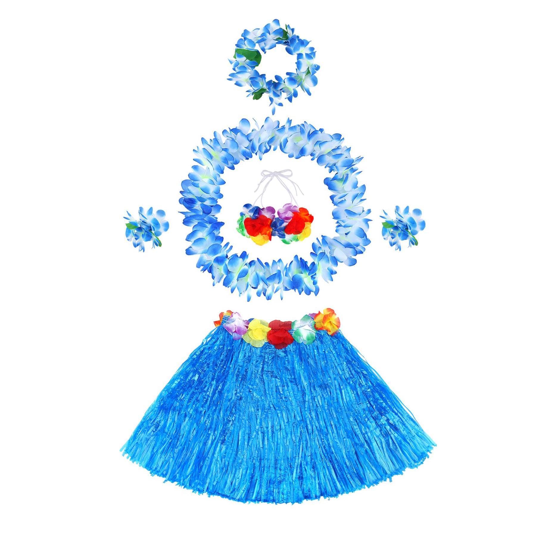 Fighting to Achieve 30cm Hawaiian blue Grass Skirt Performance Costume Set for Girls
