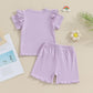 Kupretty Toddlers Baby Girls Summer Clothes Set Ruffle Ribbed Knit Short Sleeves T-Shirt Tops Shorts Comfy Outfits (A Purple, 18