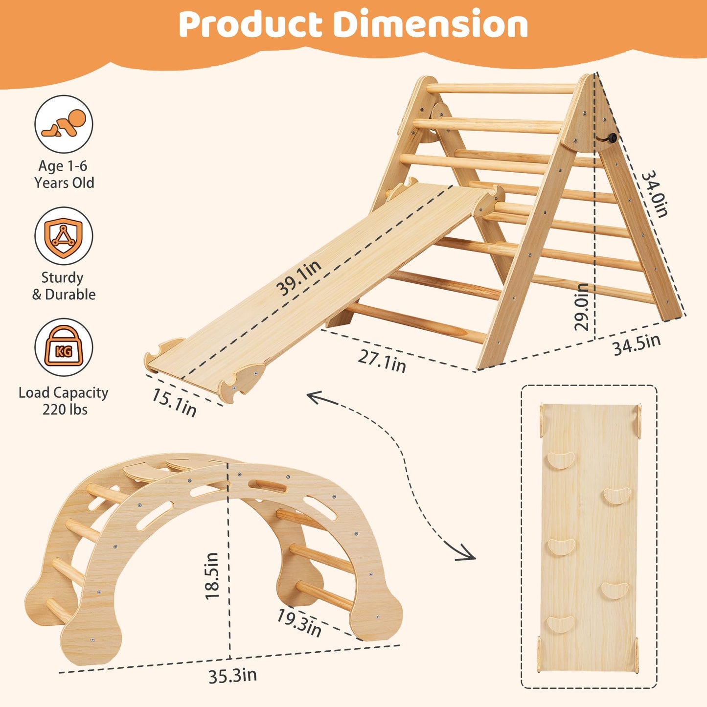 Shwwque Pikler Triangle Set Montessori Climbing Toys For Toddlers Pikler-3 Piece Indoor Playground 3 In 1 Foldable Baby Climbing