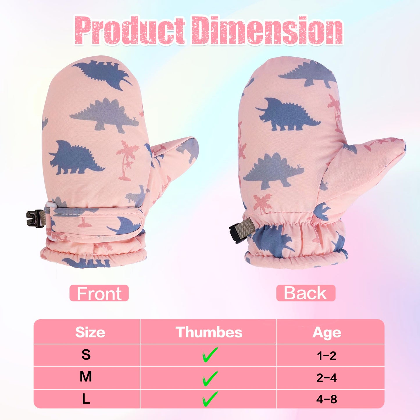 Fynnsure Toddler Mittens Baby Waterproof Snow Gloves Kids Ski Snow Gloves Cold Weather Mittens For Boys Girls Pink Dinosaur 4-6