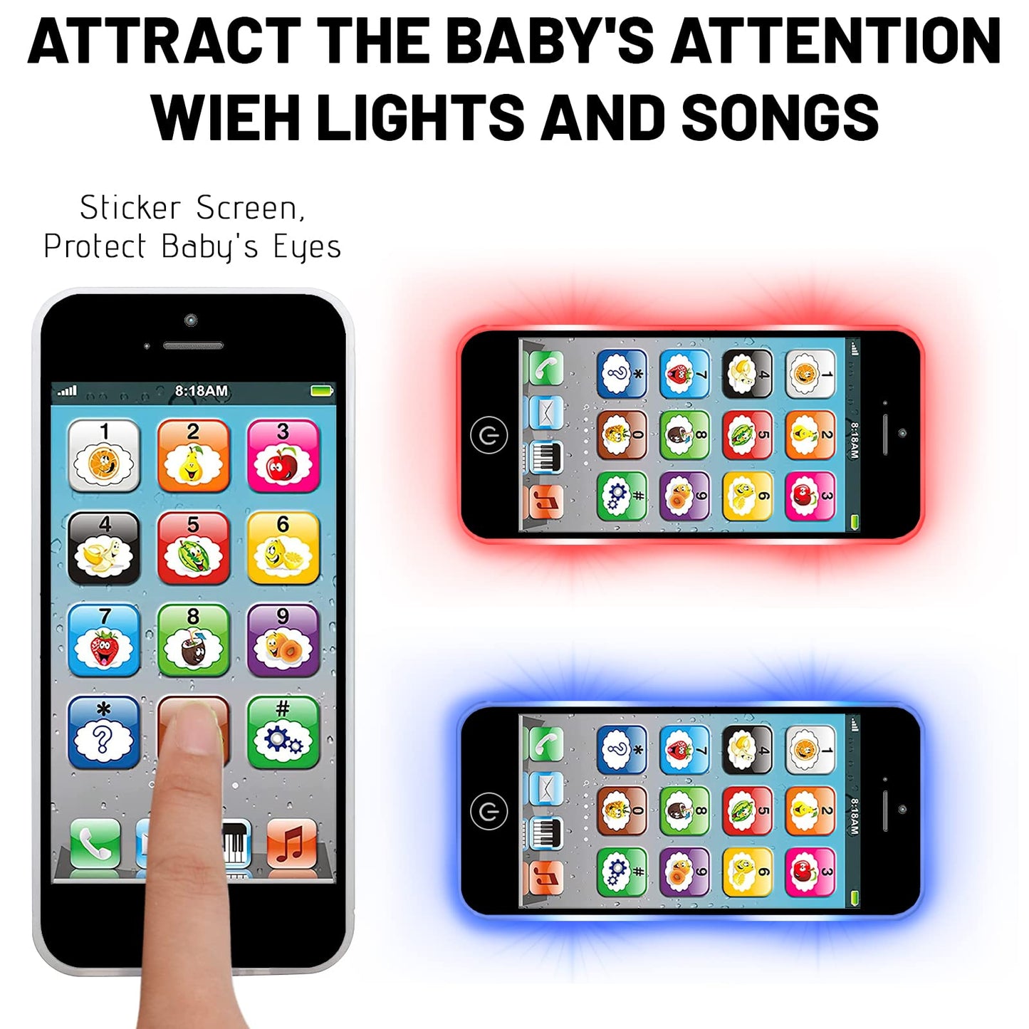 Toy Learning Play Cell Phone with 8 Functions and Dazzling Lights for Toddler Baby Kids 12-18 Months Ages 1-3 Year Old, Black3