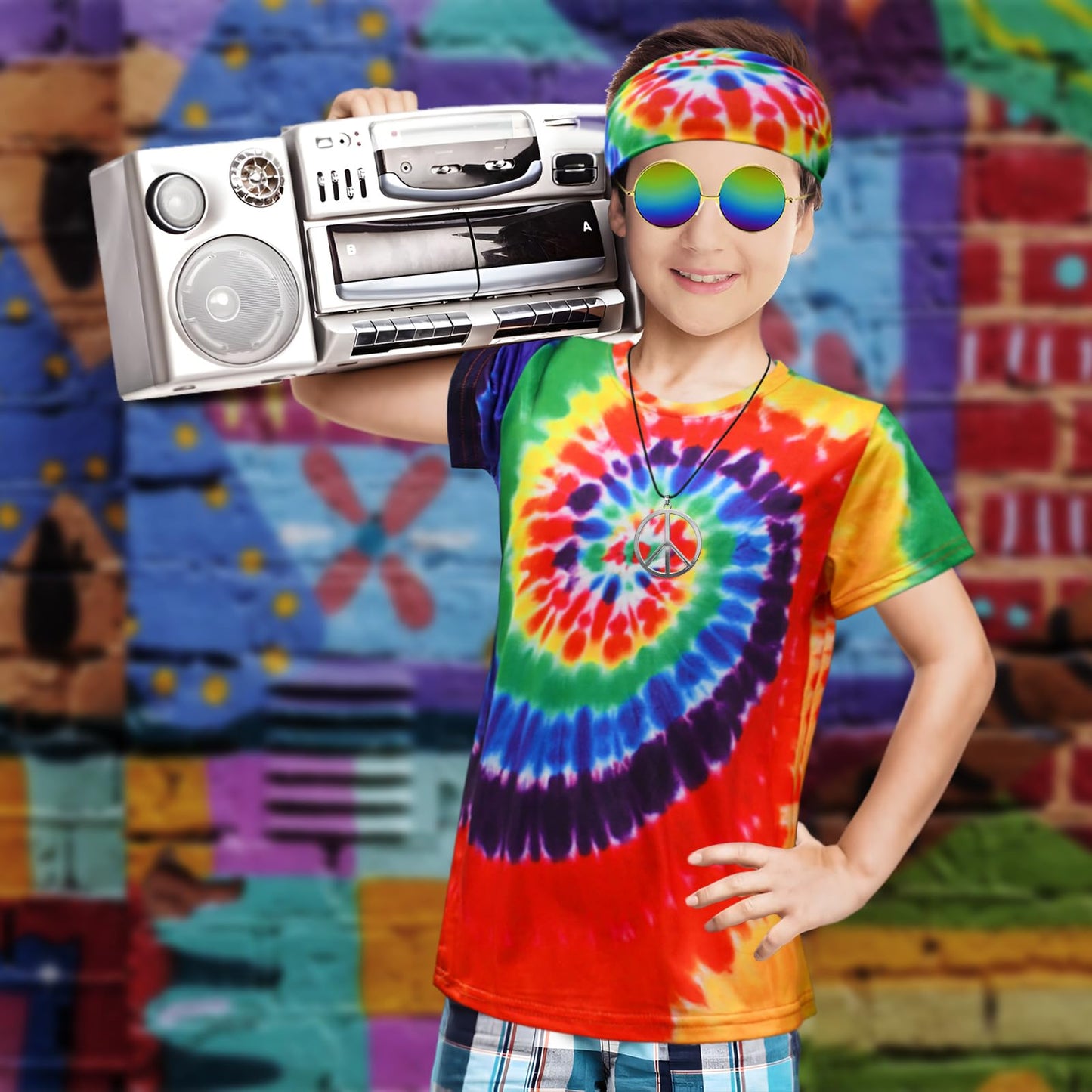 Xonyicos 4Pcs Hippie Costume For Kids Boys Girls 60S 70S Colorful Shirts Halloween Party Cosplay For 4-12Years (Rainbow Color, X