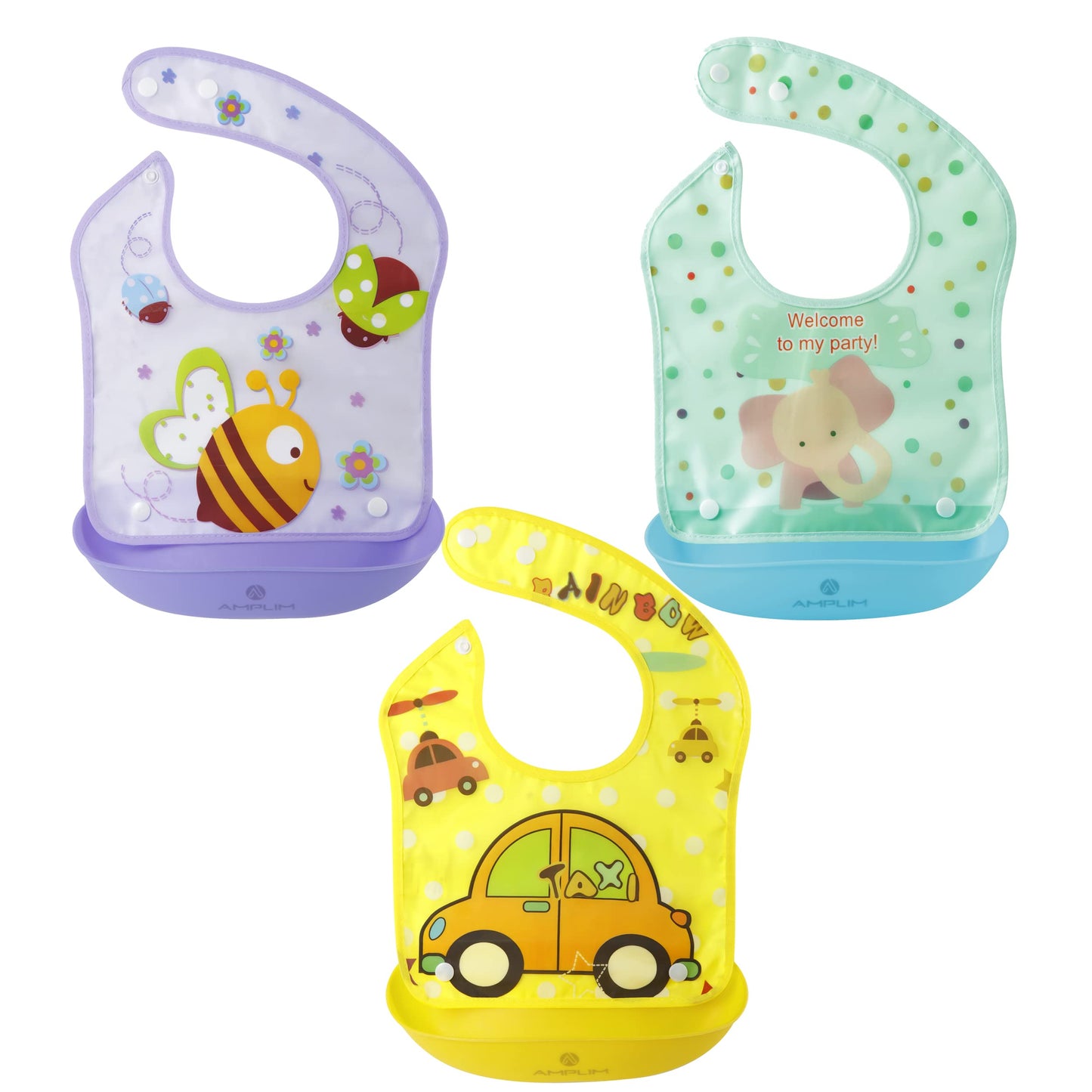 Amplim Baby Feeding Bib (3-Pack) Toddler/Baby Bibs For Eating. Waterproof, Adjustable, Lightweight. Eco-Friendly Peva Material.
