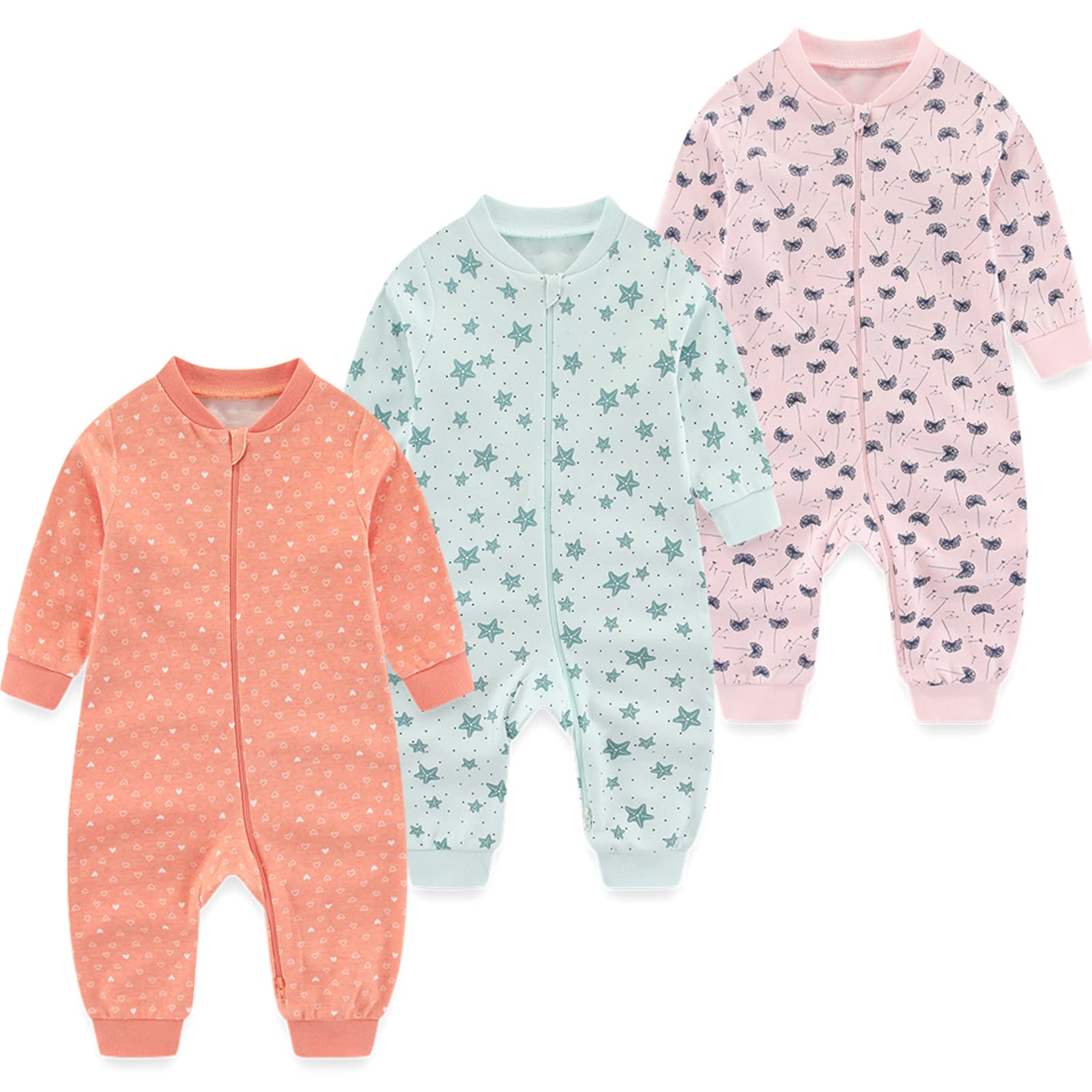 MAMIMAKA Baby Girls 2-way Zipper Romper Footless Jumsuit Cotton Newborn Clothes Set, 9-12 Months