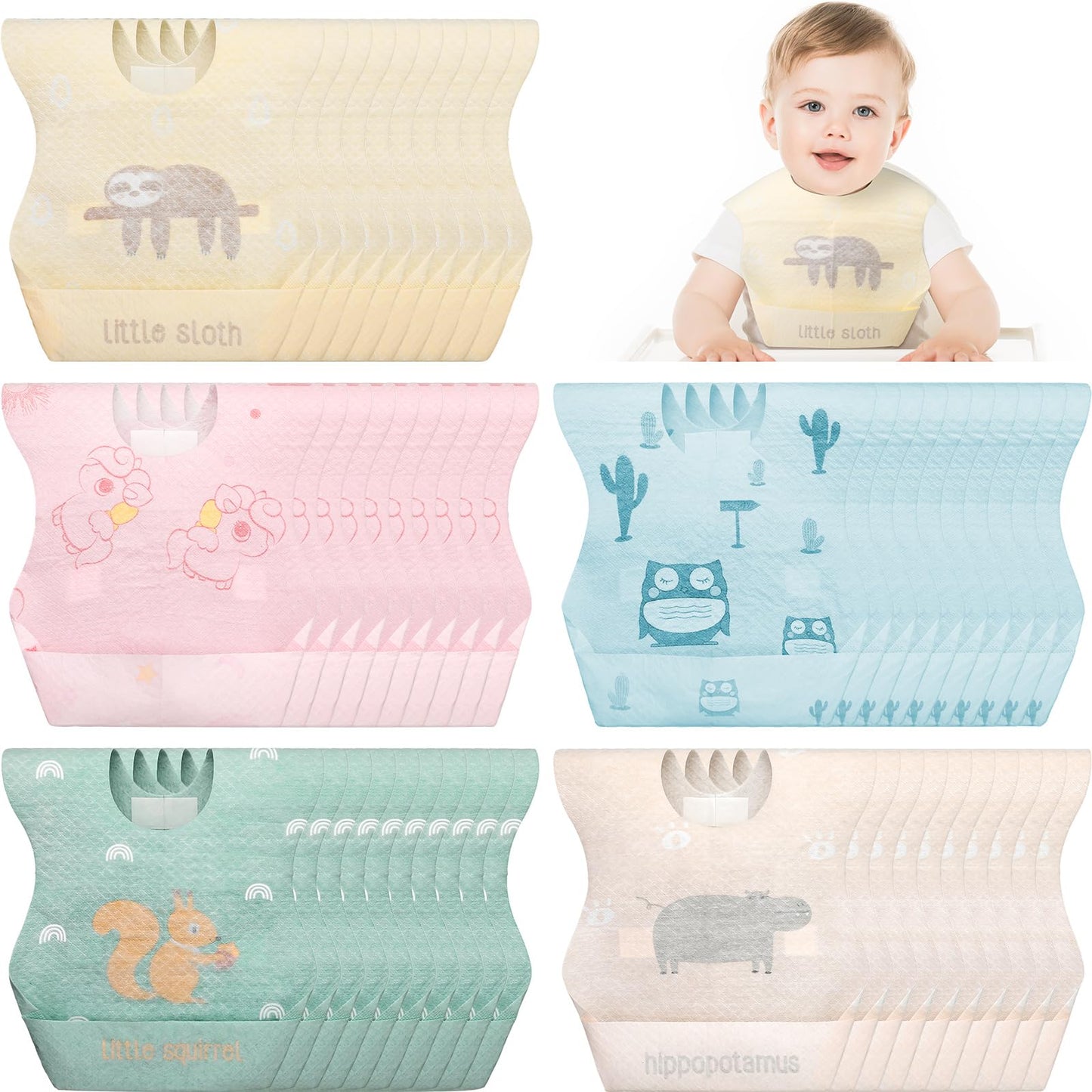 Shinymoon 100 Pcs Disposable Baby Bibs Individual Wrapped Travel Bibs Waterproof Food Catcher for Toddlers Girls Boys Feeding(Cu