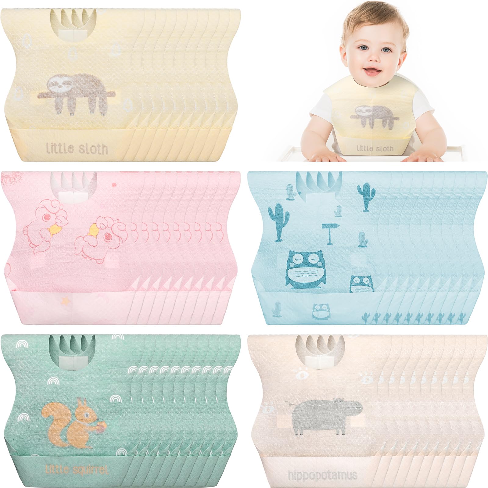 Shinymoon 100 Pcs Disposable Baby Bibs Individual Wrapped Travel Bibs Waterproof Food Catcher for Toddlers Girls Boys Feeding(Cu