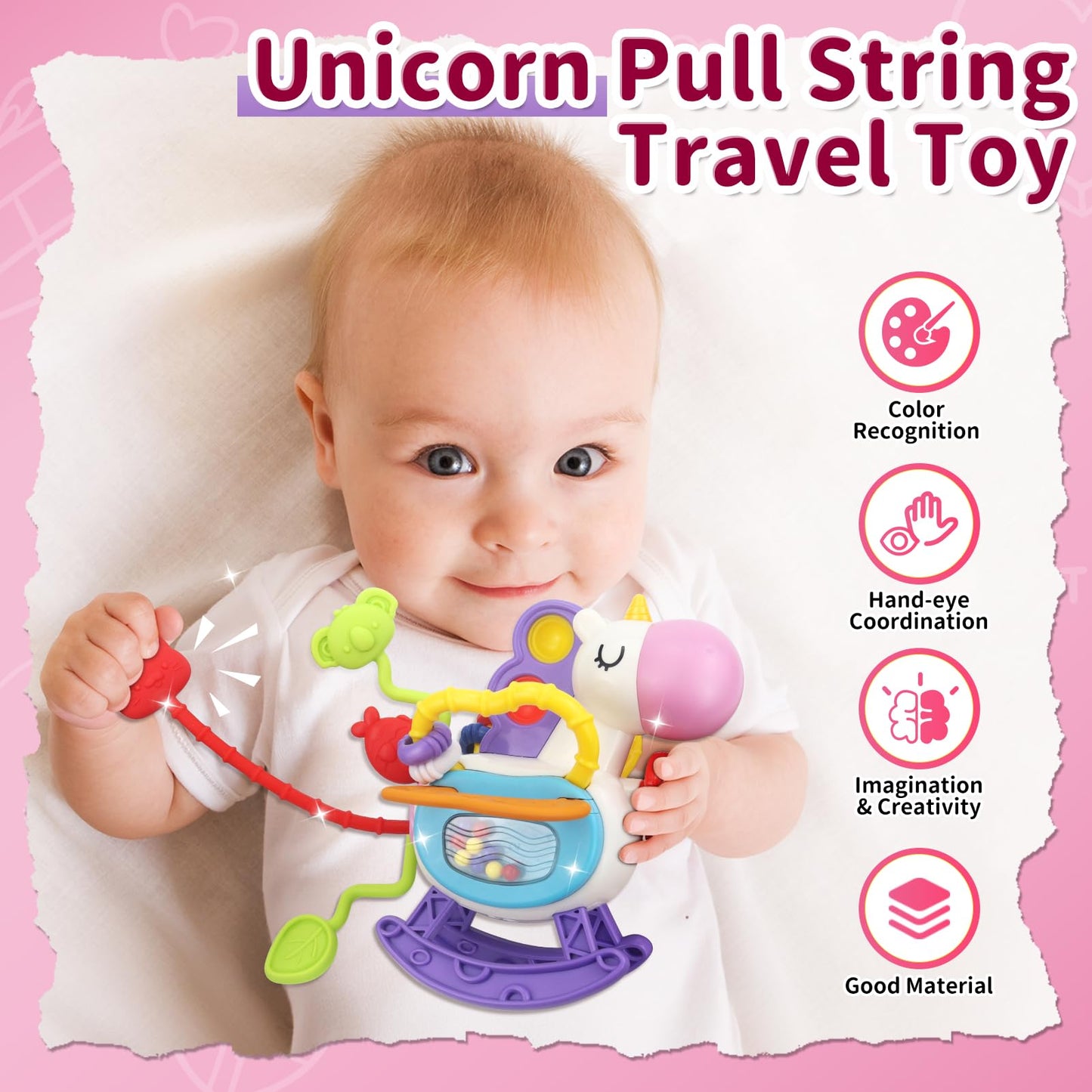 usrela 3 in1 Baby Toys 12 Months - Busy Board Sensory Toys, Tissue Box Toy, Pull String Teether, Learning Toy for Babies 12 18 M
