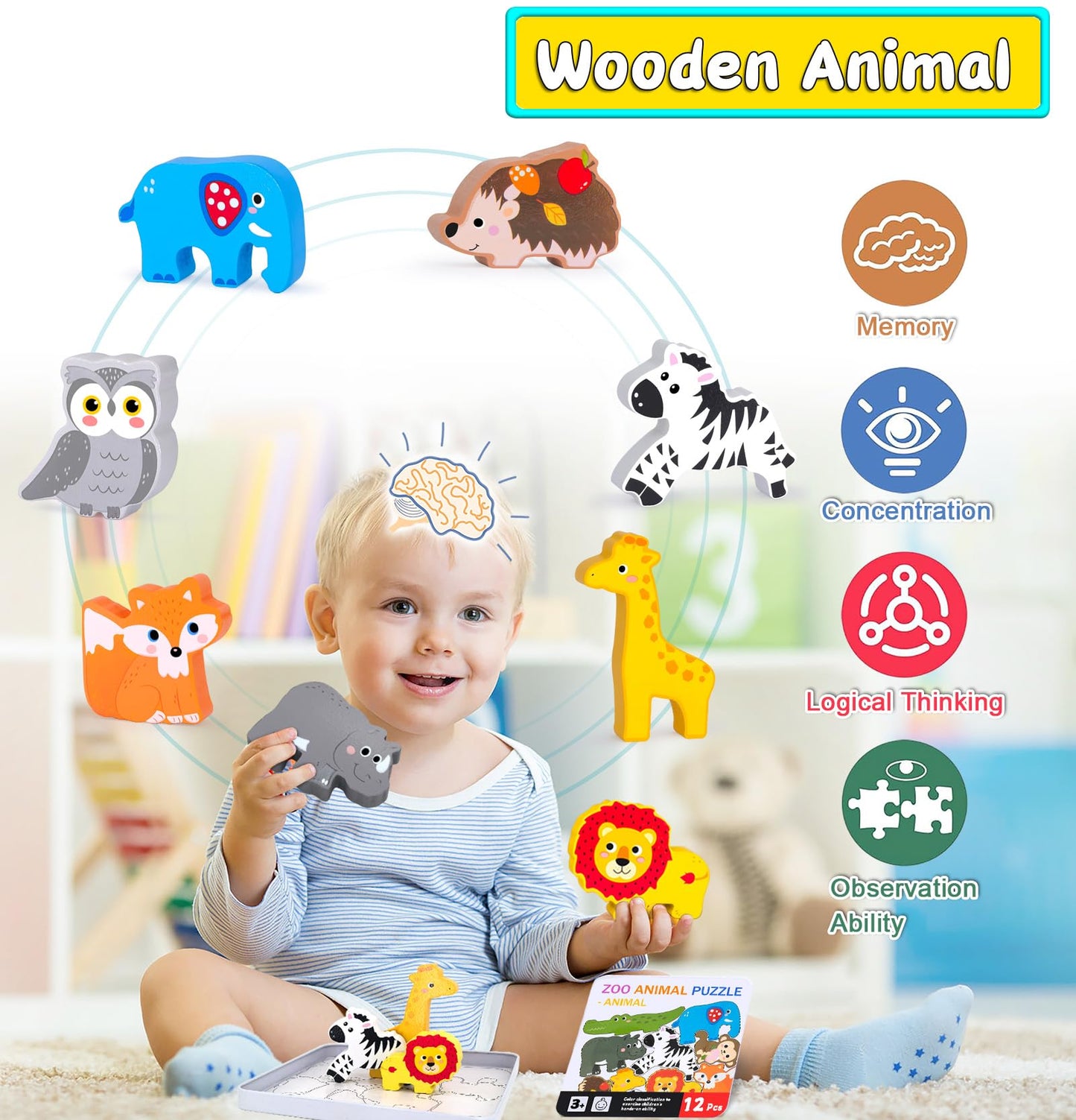 Wooden Animal Puzzles Toys for Toddlers,24 Pcs Farm and Safari Animal Figures,Animal Matching Sorting Stacking Toys for Boys Chi