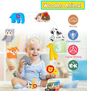 Wooden Animal Puzzles Toys for Toddlers,24 Pcs Farm and Safari Animal Figures,Animal Matching Sorting Stacking Toys for Boys Chi