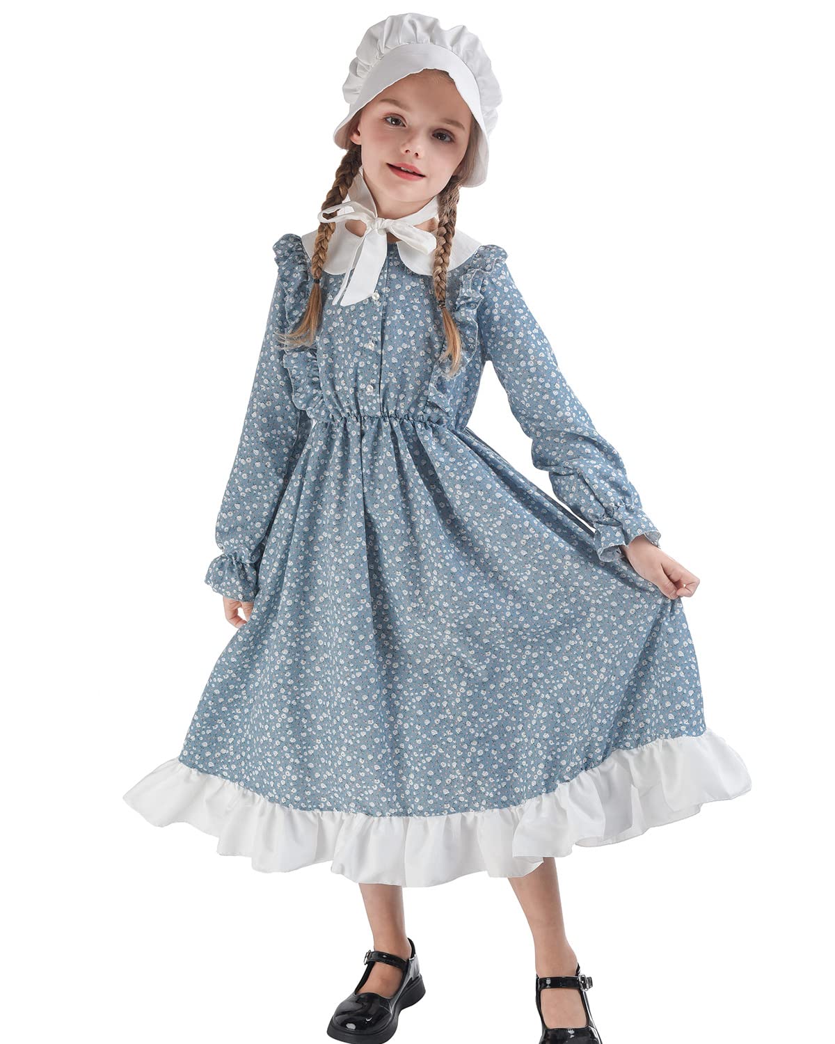 Fccam Prairie Dresses For Girls Pioneer Costume 19Th Century Long Sleeves Colonial Dress Blue L Age Over 4 Years Old