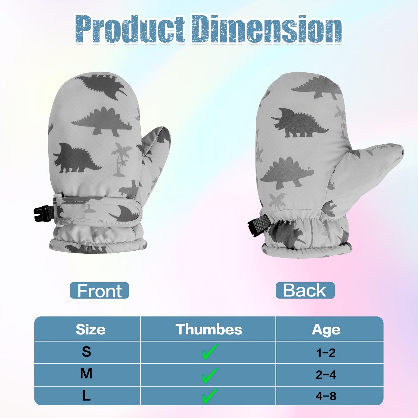 Fynnsure Toddler Mittens Baby Waterproof Snow Gloves Kids Ski Snow Gloves Cold Weather Mittens For Boys Girls Gray Dinosaur 4-6