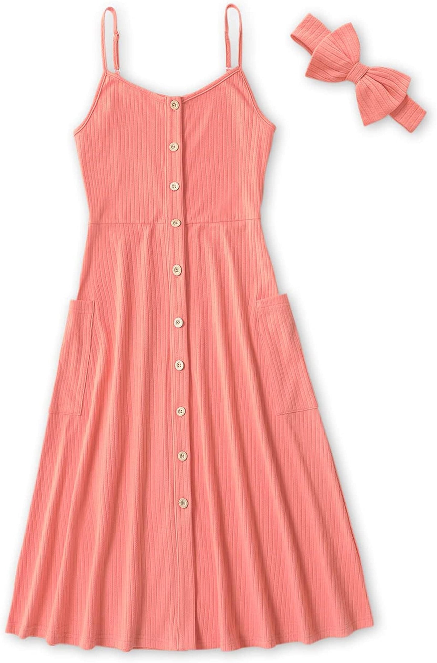 Iffei Mommy And Me Dresses Matching Set Solid Front Button Family Matching Sleeveless Dresses With Headband And Pockets Women S