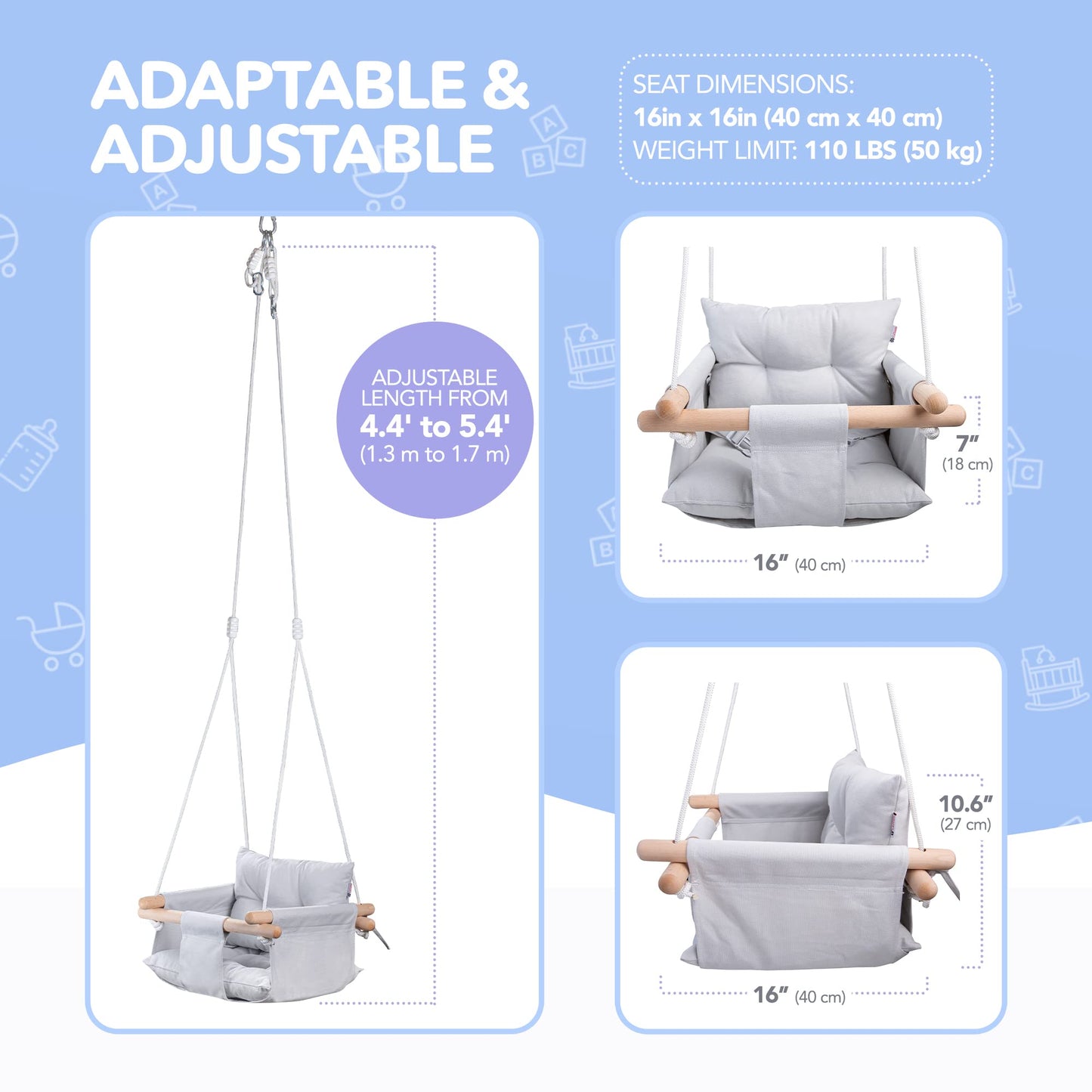 Canvas Baby Swing By Cateam - Gray - Wooden Hanging Swing Seat Chair For Baby With 5-Point Safety Belt And Mounting Hardware. Ba