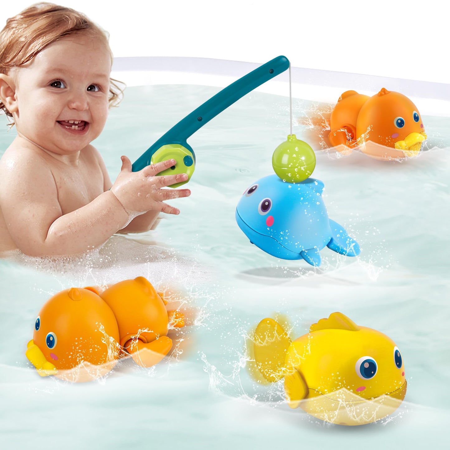 Dwi Dowellin Bath Toys for Toddlers, Magnetic Fishing Games Kids Bathtub Toys, Mold Free Wind-up Toys Swimming Fish Duck Whale F