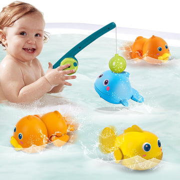 Dwi Dowellin Bath Toys for Toddlers, Magnetic Fishing Games Kids Bathtub Toys, Mold Free Wind-up Toys Swimming Fish Duck Whale F