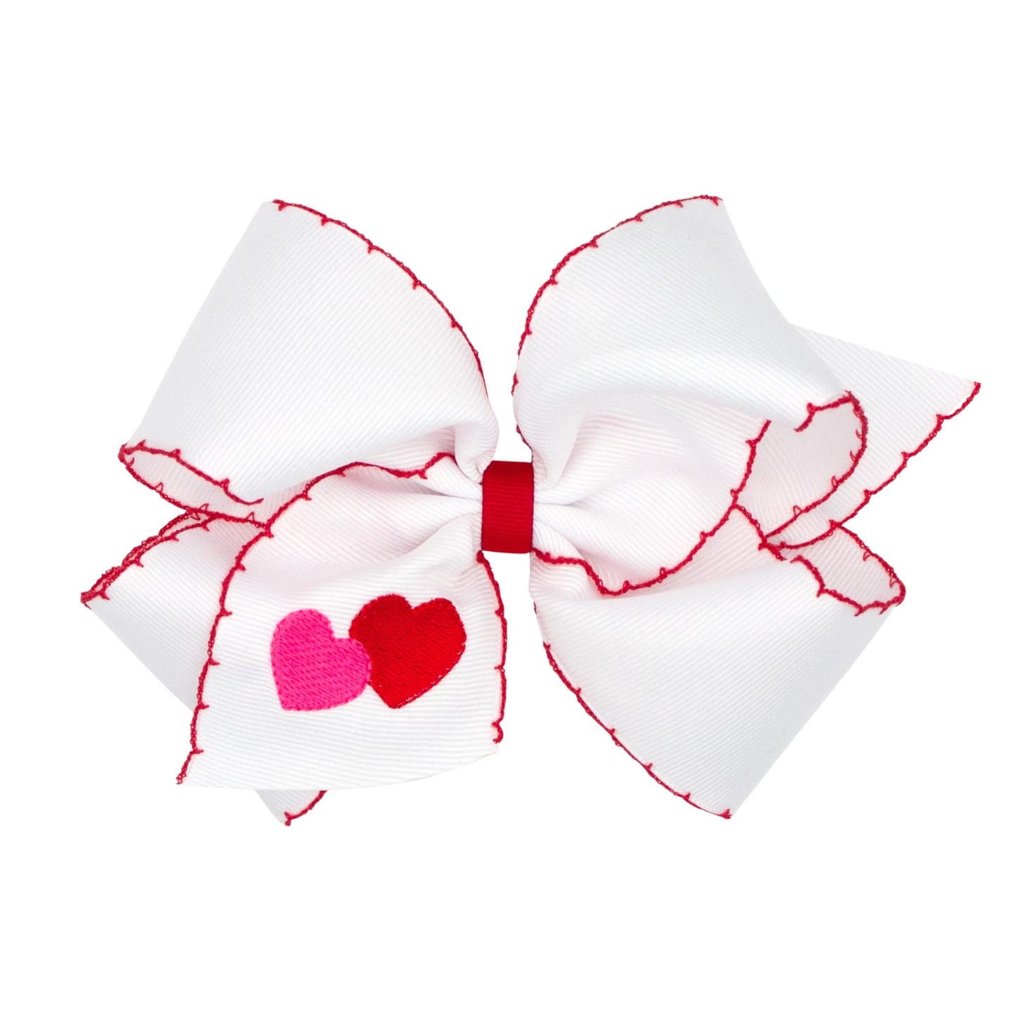 Wee Ones Girls' Valentines Day Hair Bow On Weestay No-Slip Clip, Moonstitch Heart Embroidered Grosgrain Hair Bow, King, White