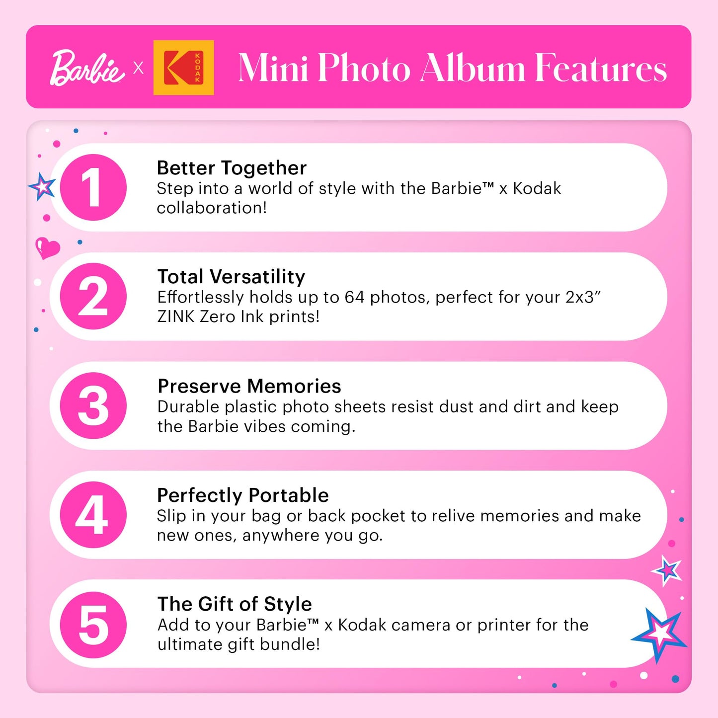 Kodak X Barbie 64-Photo Mini Photo Album With Transparent Window Cover For Barbie Instant 2X3    Zink Zero Ink Photo Paper