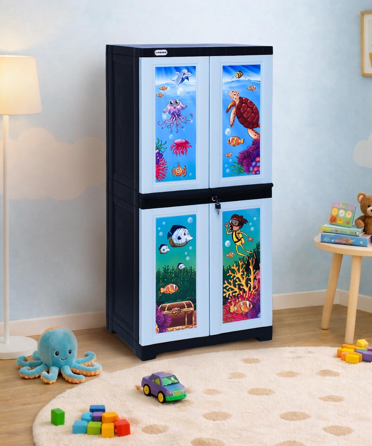 Prima Viva2 Junior Plastic Cabinet For Kids | 4Compartment Multipurpose Organizer | Under WaterTheme Design | Strong & Spacio