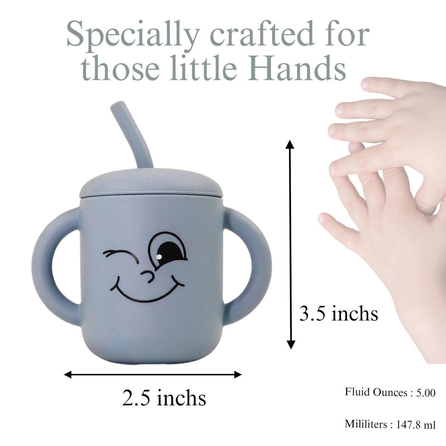 Fumiko Sippy Cups For Toddlers 1-3 - Adorable Personality Designs, Built-In Straw Lock, Easy-Grip Handles, (Winky Grey)