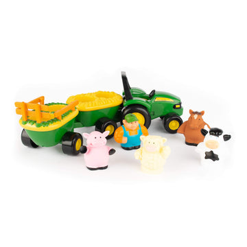 TOMY John Deere Animal Sounds Hayride Musical Tractor Toy - Musical Hayride Toddler Toys - Includes Farmer Figure, Tractor, and 