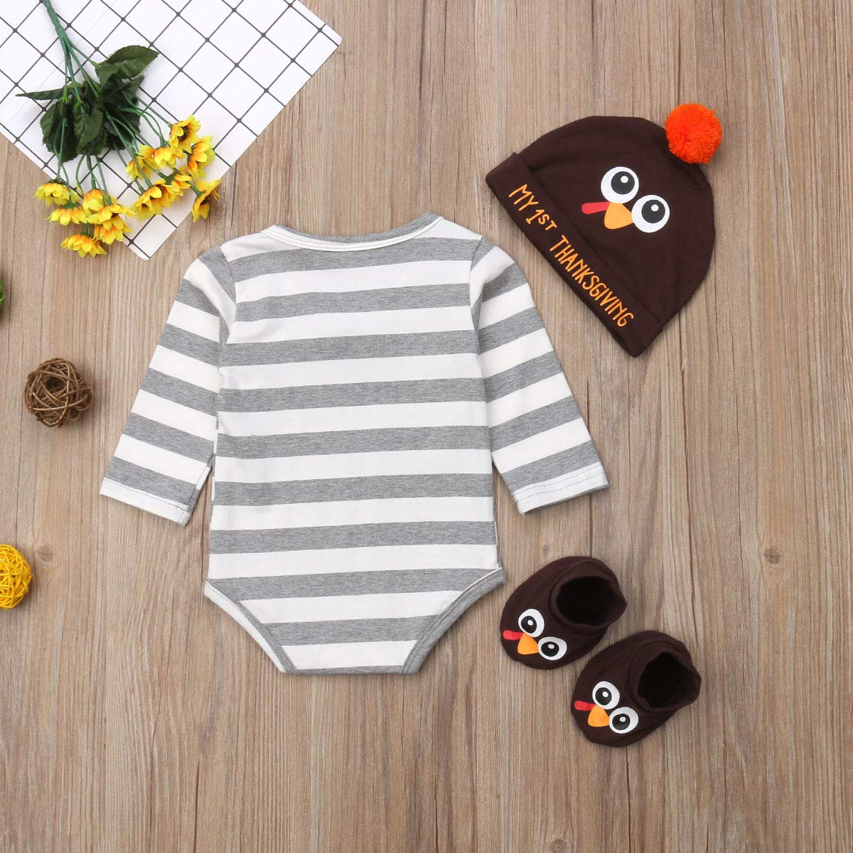 Zaxarra Baby Boy Girl Thanksgiving Outfit Long Sleeve Letter Romper + Hat + Turkey Crib Shoes 3Pcs Clothes Set (12-18 Months, St
