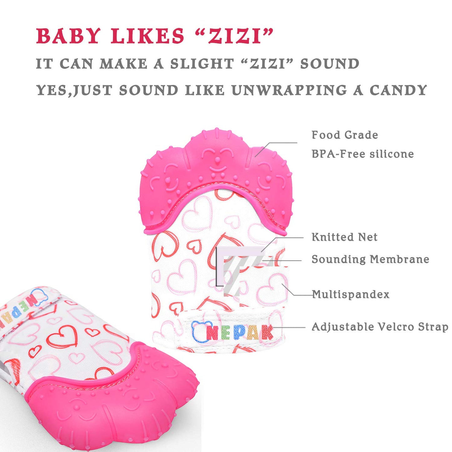 NEPAK Teething Mitten 2 Pcs-Baby Glove Stimulating Teether Toys for Boys & Girls-Teething Glove for 3-6 Months Baby (Pretty Swee