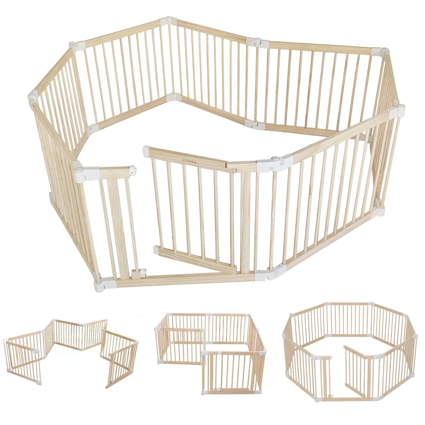 CONKKA Foldable Wooden Baby Playpen Large Play Yard for Babies and Toddlers, 2 in 1 Portable Fence Custom 25 Tall Wood Gate with