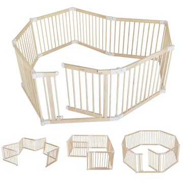 CONKKA Foldable Wooden Baby Playpen Large Play Yard for Babies and Toddlers, 2 in 1 Portable Fence Custom 25 Tall Wood Gate with