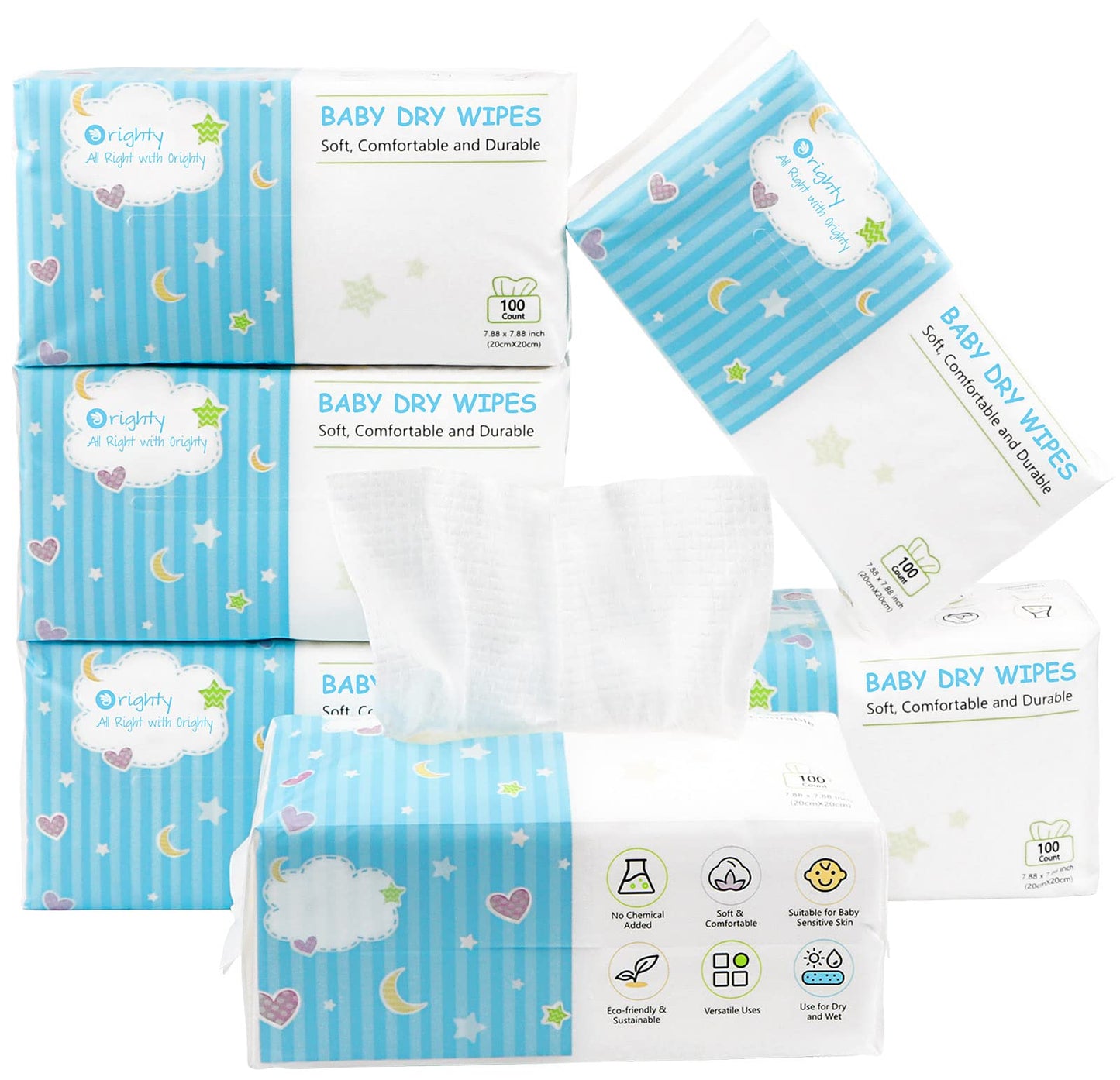 Orighty Baby Dry Wipes - Super Soft & Gentle Baby Washcloths, Use Wet or Dry, 100% Unscented Tissue for Babies Sensitive Skin, I