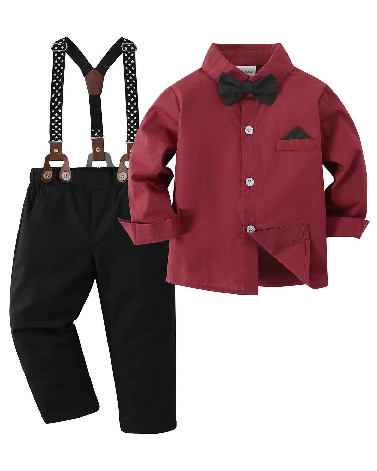 Disaur Toddler Boy Wedding Outfits White Leaf Dress Shirt Bow Tie Suspender Black Pants Baptism Outfits For Boys 12 Months 1T 18