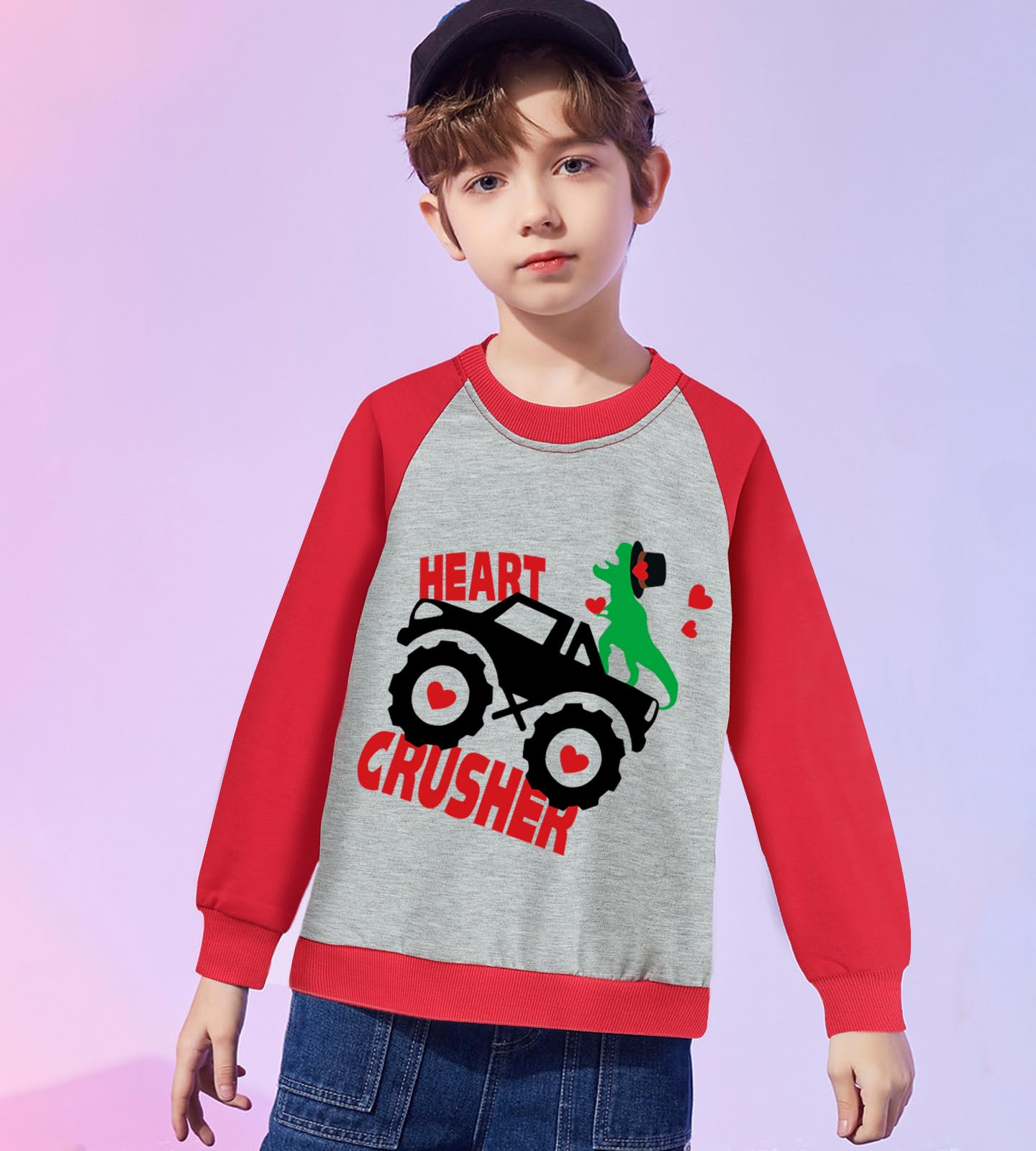 Kid Boy Valentine'S Day Pullover Dino Monster Truck Heart Crusher Toddler Sweatshirt Love Long Sleeve Shirts Top Outfit 6 Years